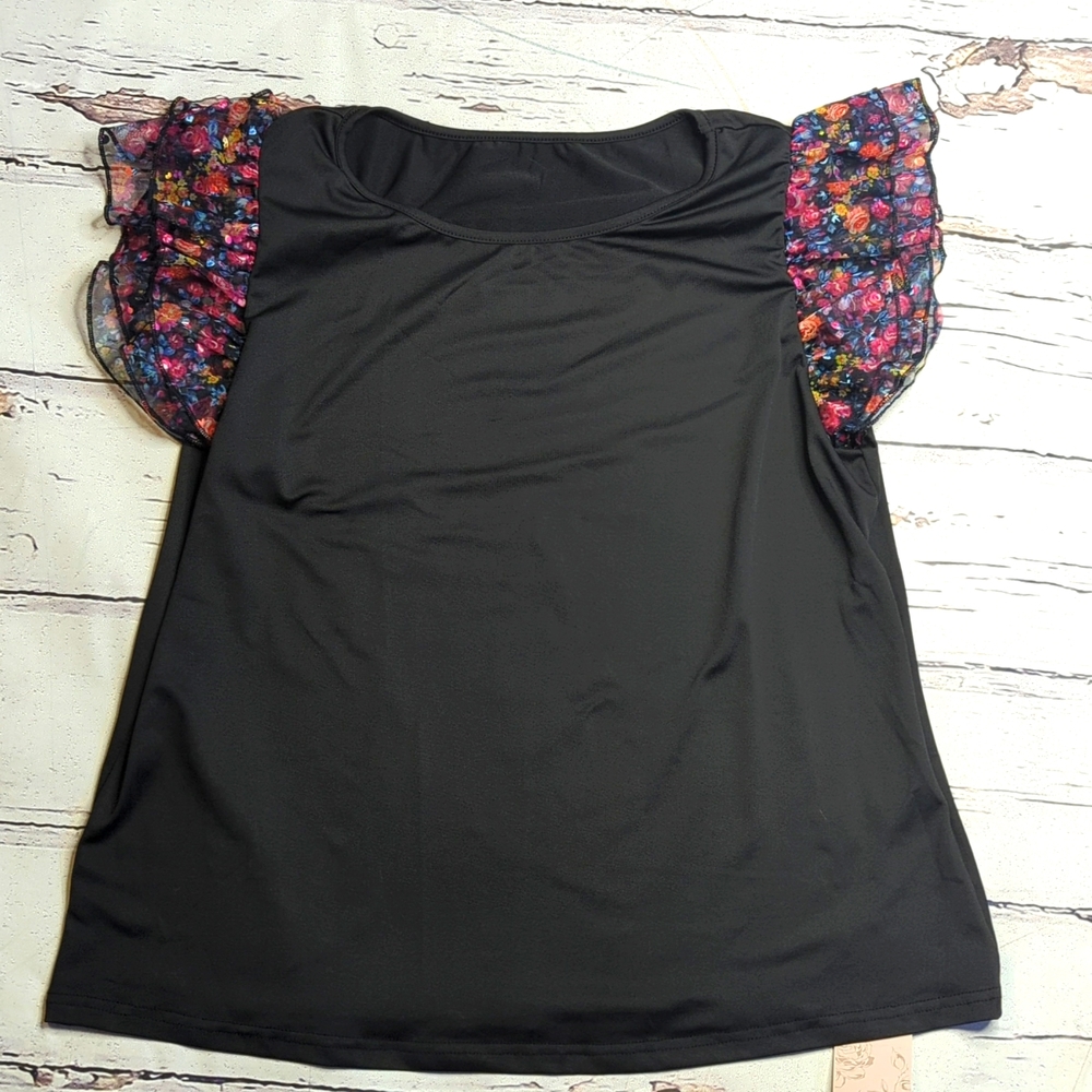 NWT- Black top with Floral Sleeves